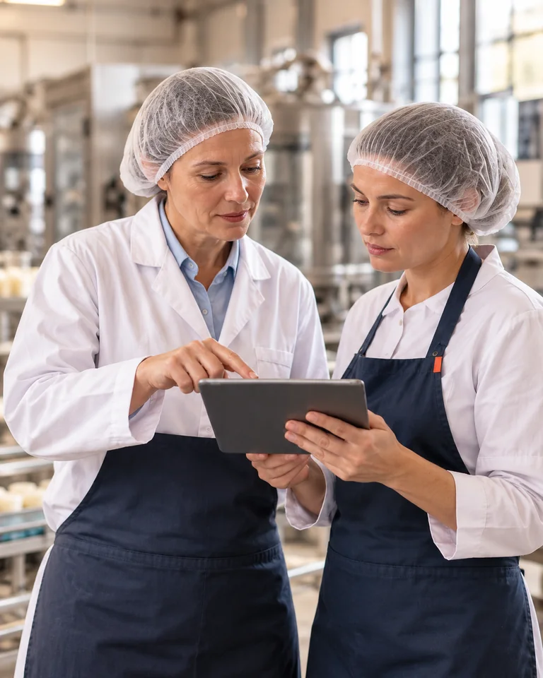 Illustrative scene: a quality lead and a technician review a procedure on a tablet