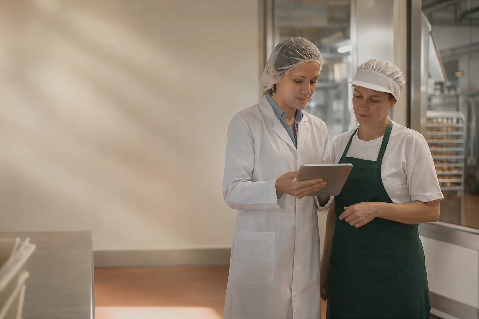 A quality manager reviews training with a production employee